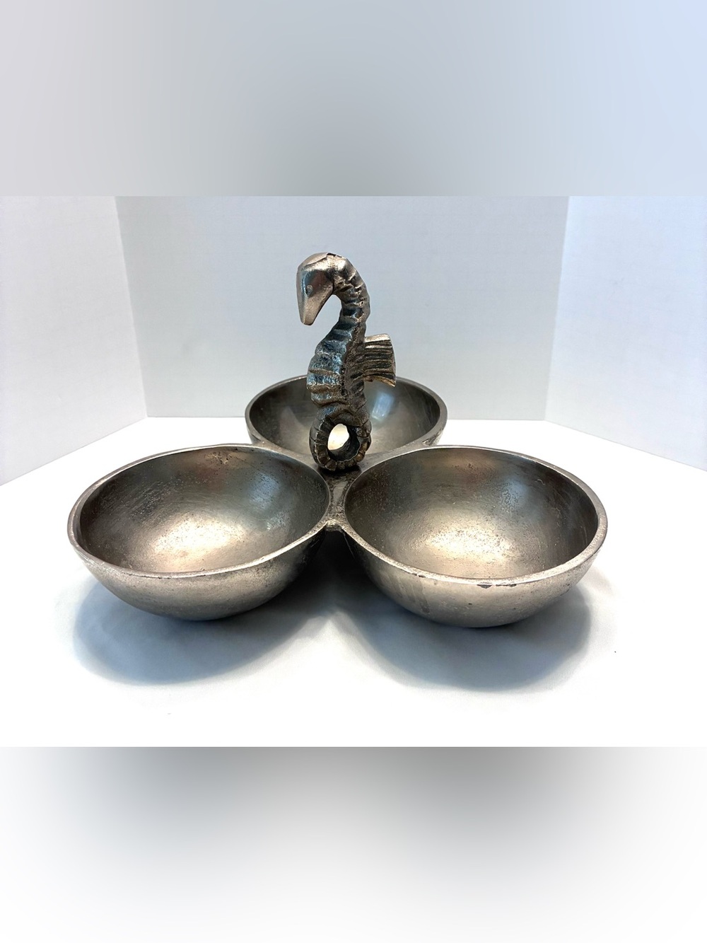 Nicole Miller Home Coastal Silver Seahorse Triple Bowl Snack Server - Made in In